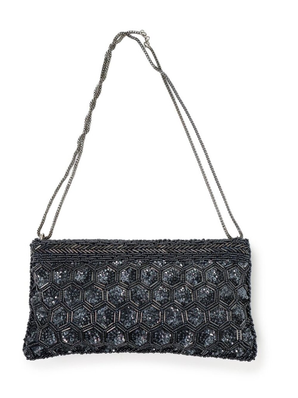 Vintage Grey Navy Beaded Evening Bag Sequin Clutch Chain Shoulder Purse